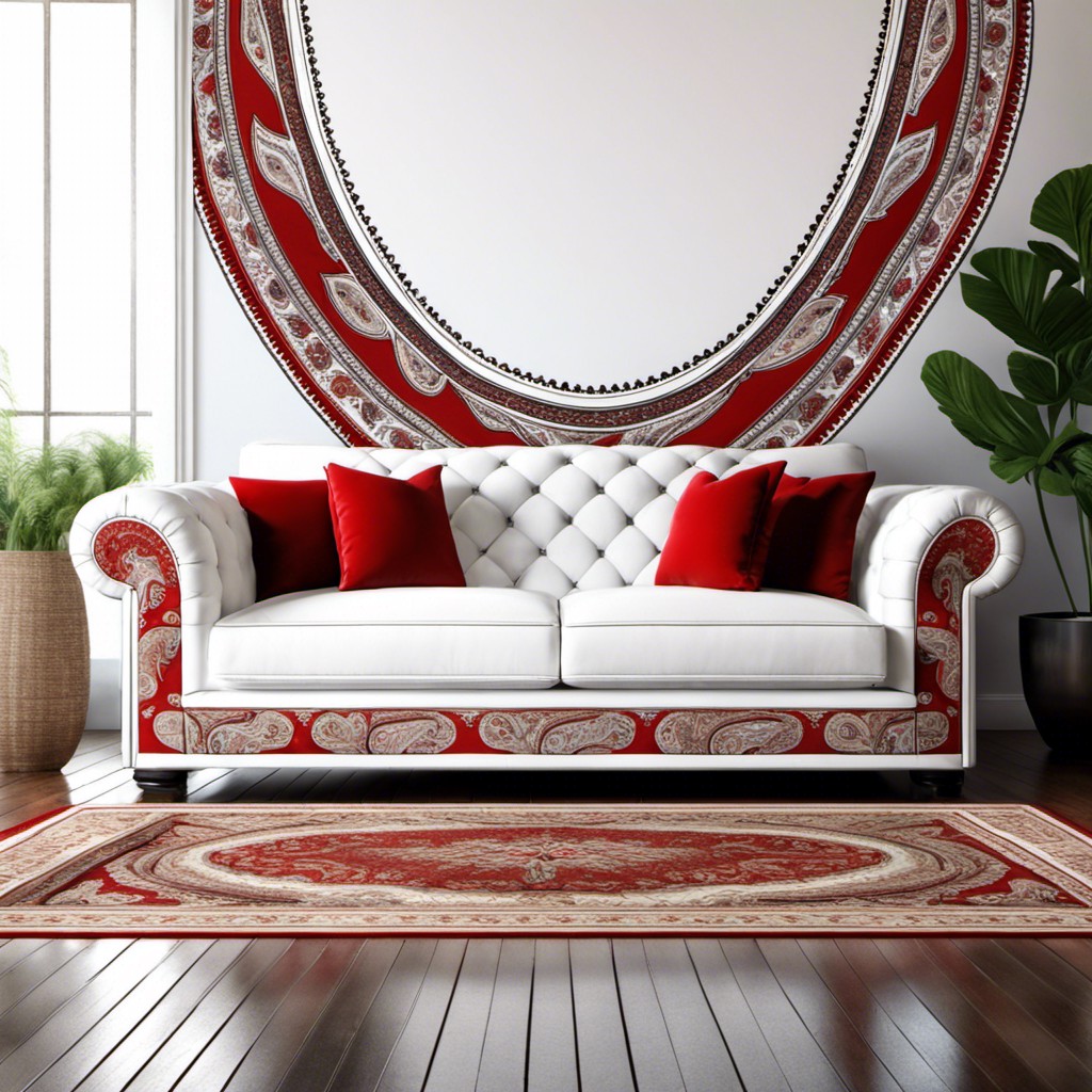 white couch with red paisley detailing