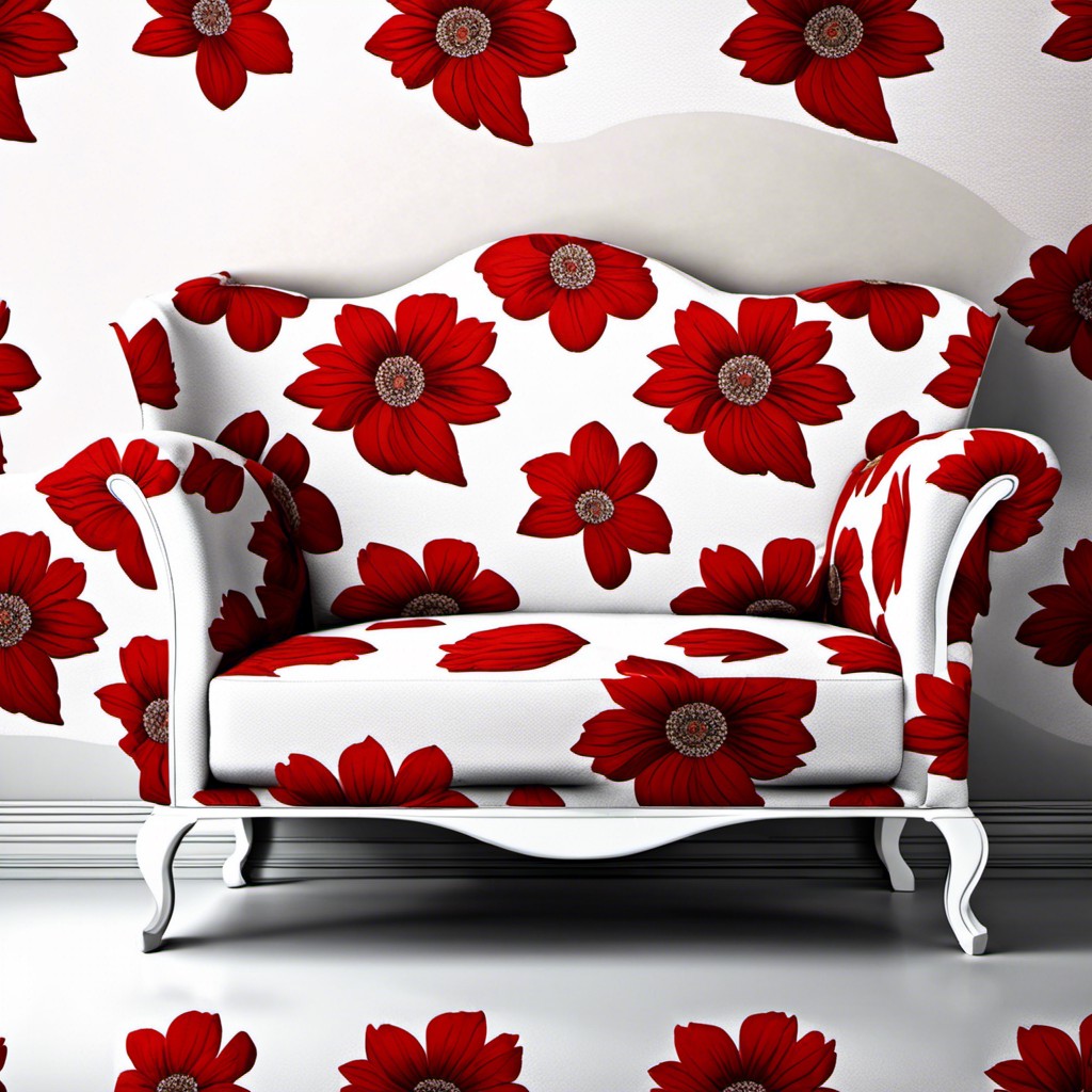 white fabric couch with a red floral pattern
