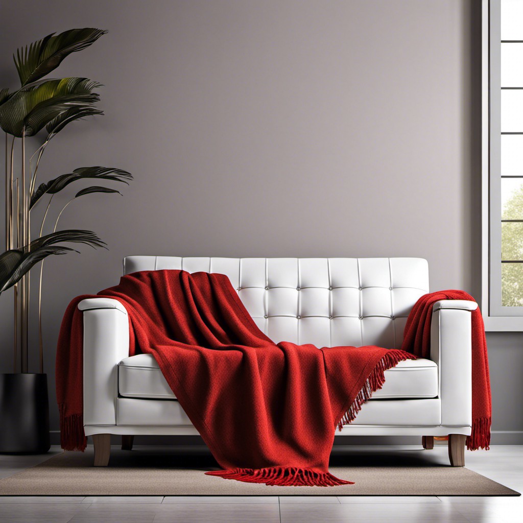 white leather couch with red throw blanket