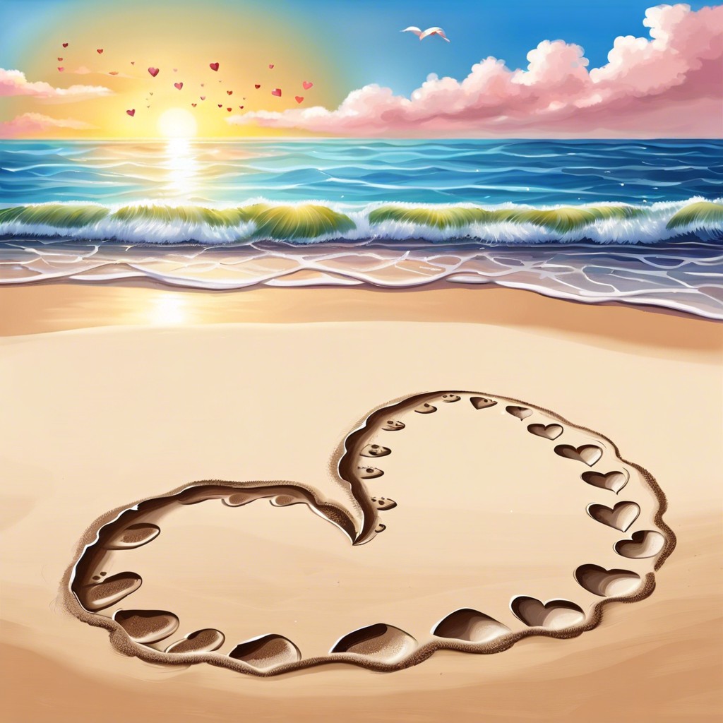 a beach with the sand shaped into a large heart and footprints