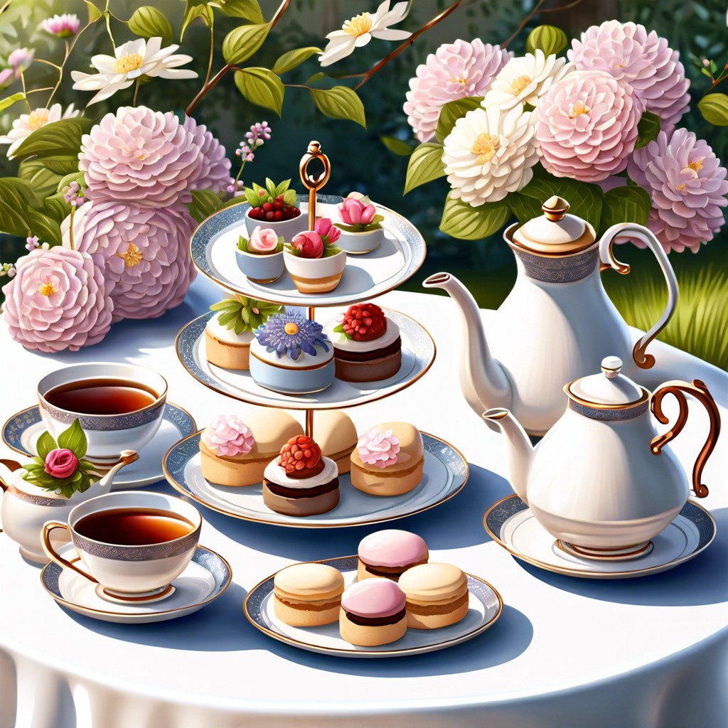 a beautifully set afternoon tea table in a garden