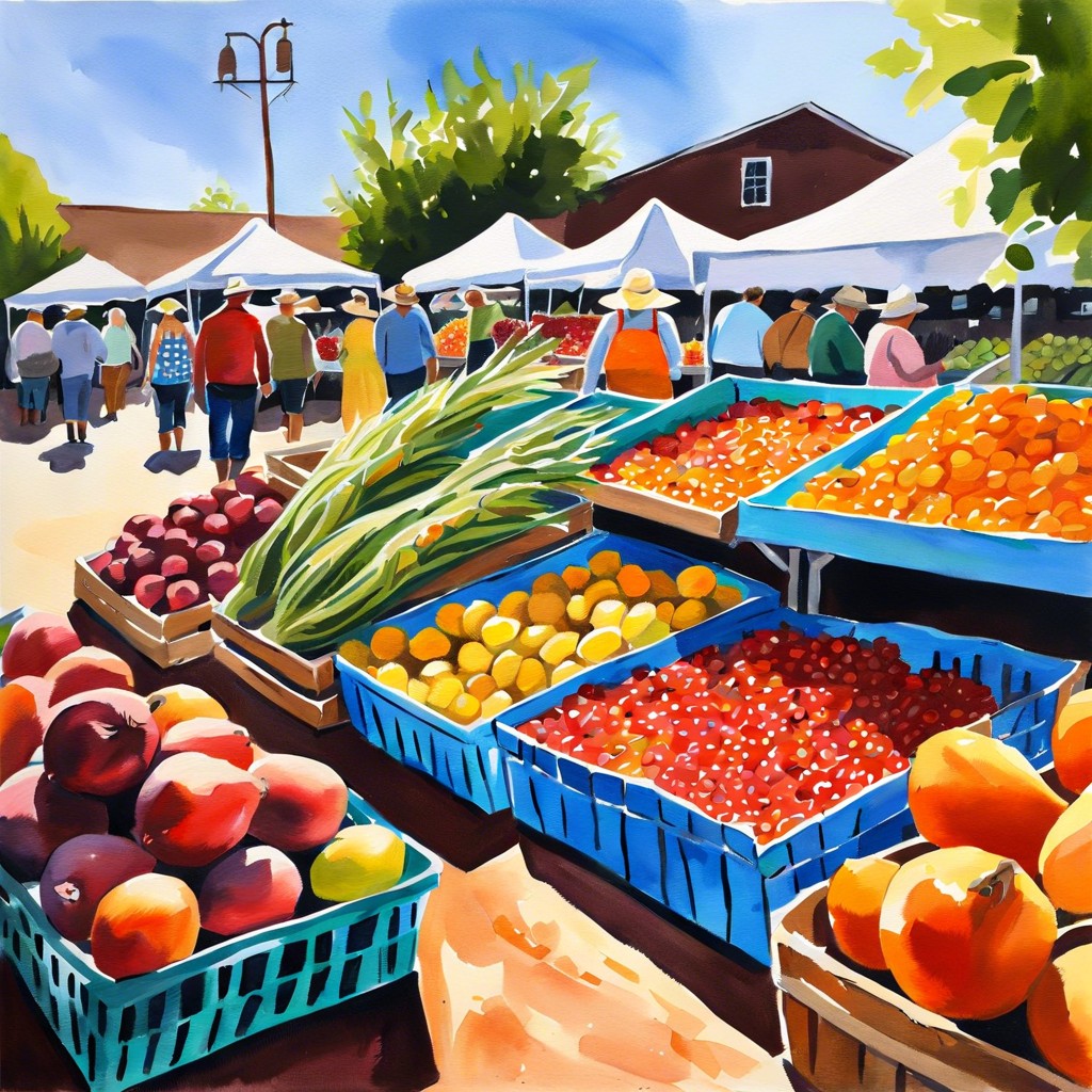 a bustling farmers market scene