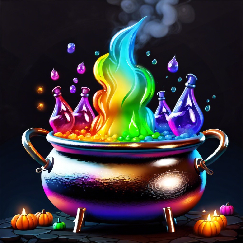 a cauldron with bubbling rainbow potion