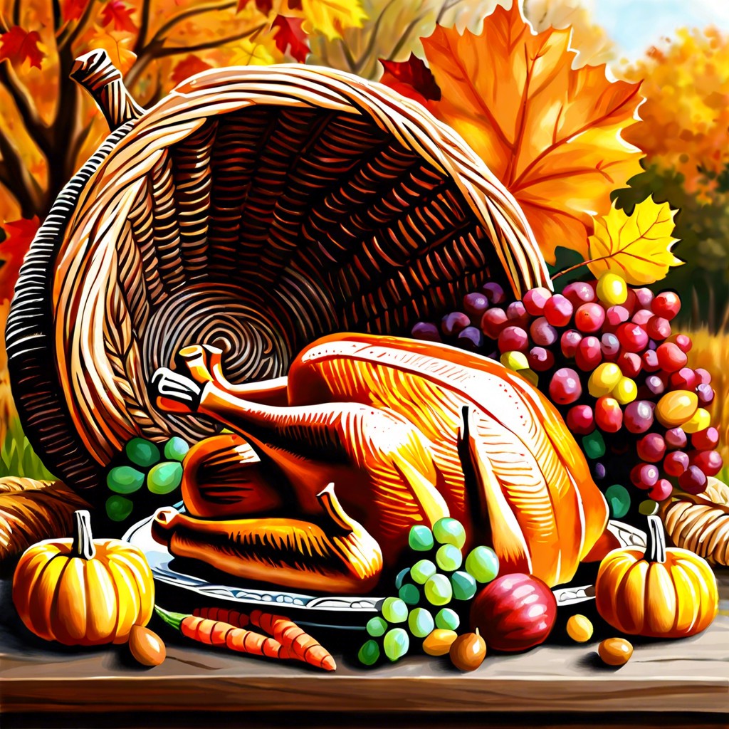 a close up of a cornucopia filled with autumn fruits and vegetables