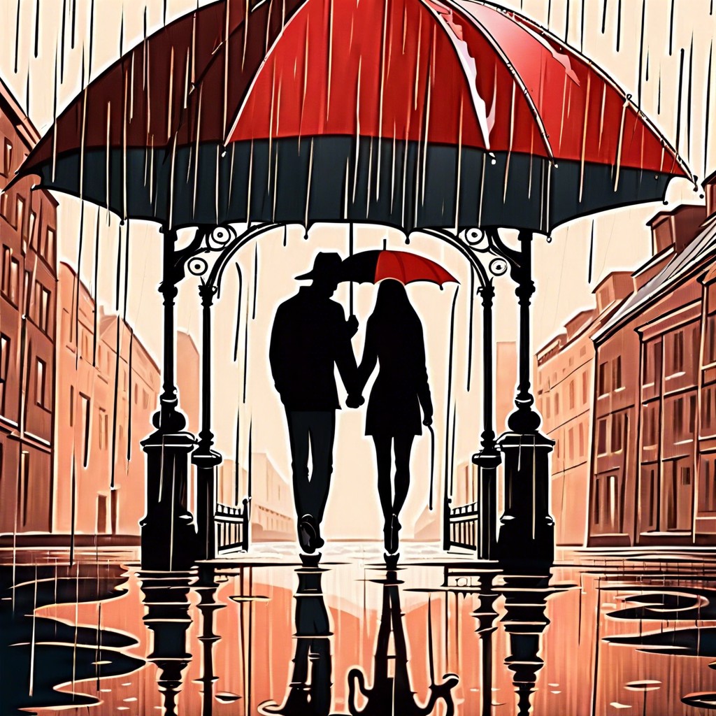 a couple walking in the rain with a heart shaped umbrella