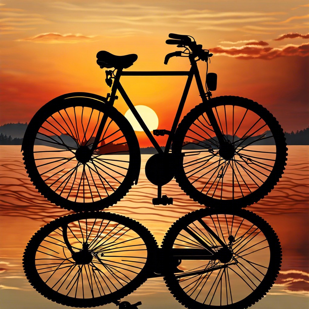 a couples bicycles leaning together forming a heart with their frames