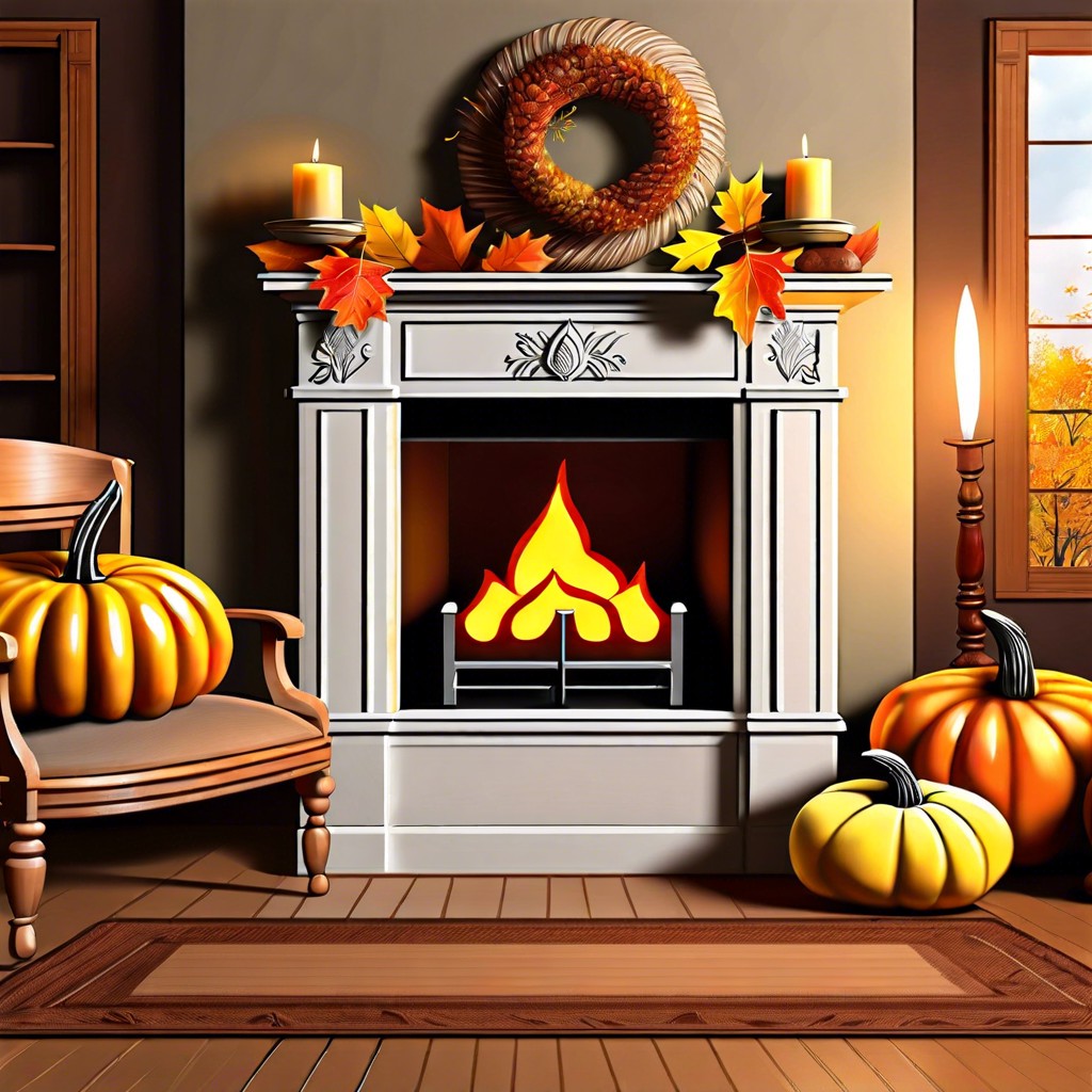 a cozy fireplace with thanksgiving decorations