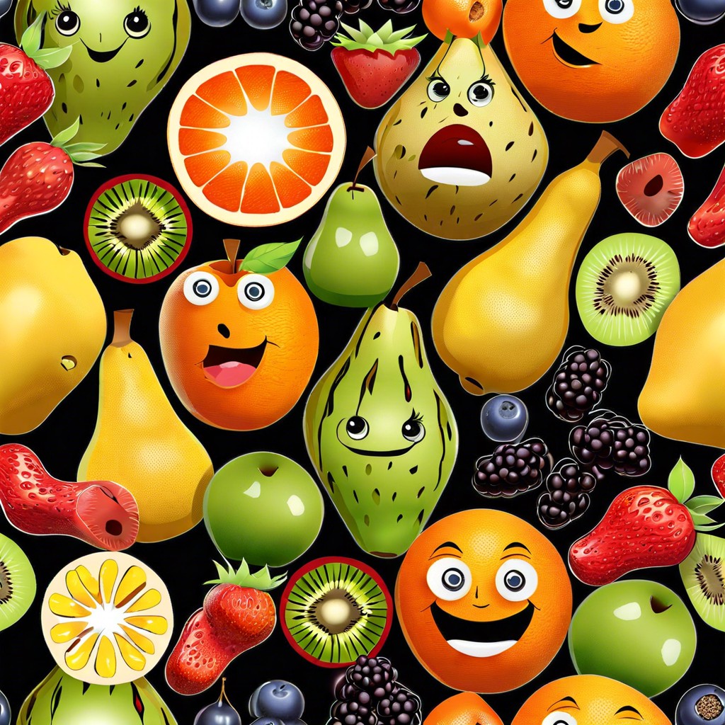 a fruit basket where each fruit has a different facial expression