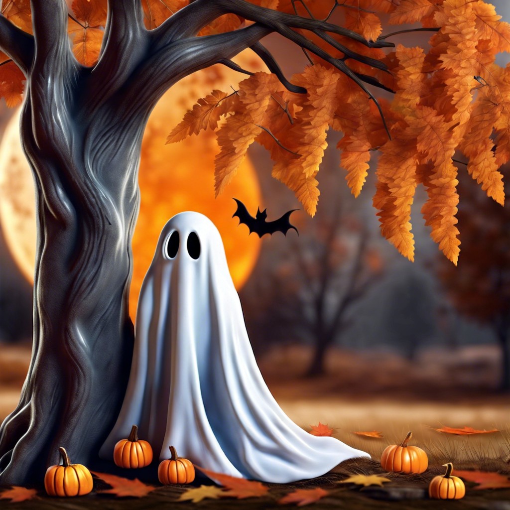 a ghost hiding shyly behind a tree