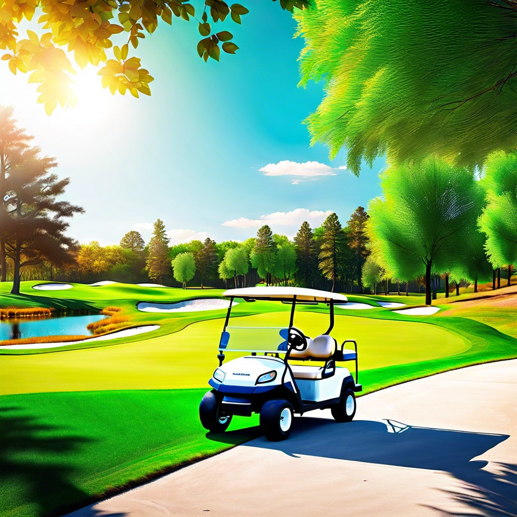 a golf cart parked beside lush greens