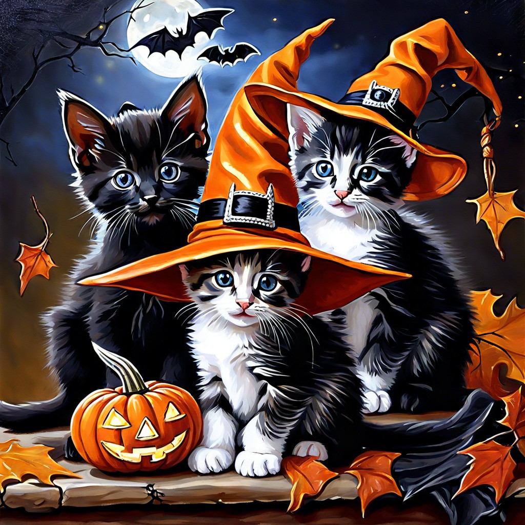 a group of kittens in tiny witch hats