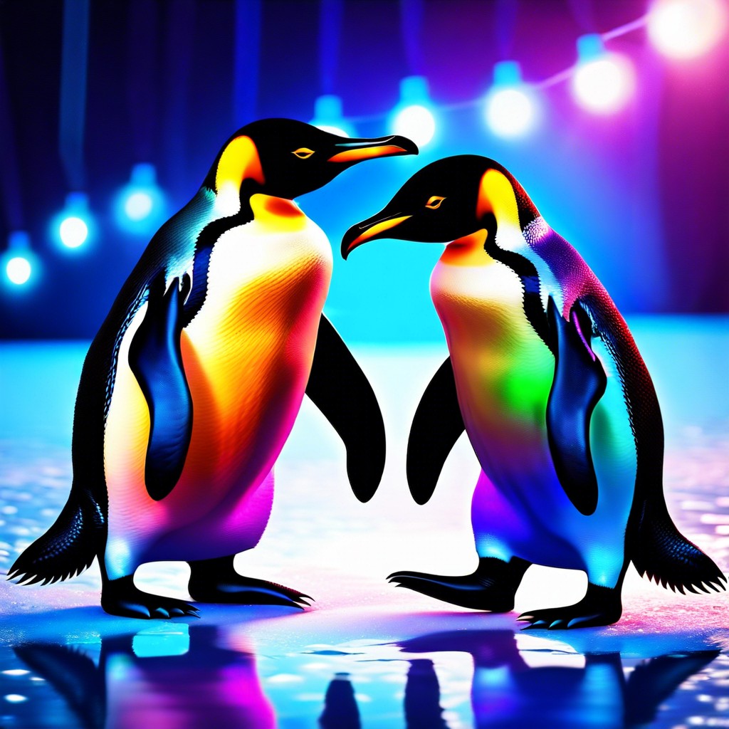 a group of penguins at a disco dance party