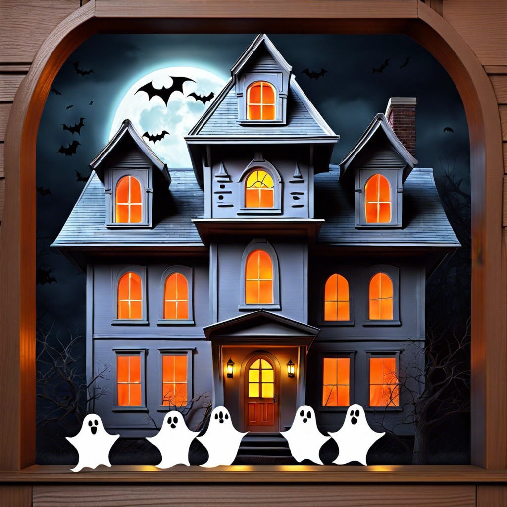 a haunted house with cute ghosts in the windows