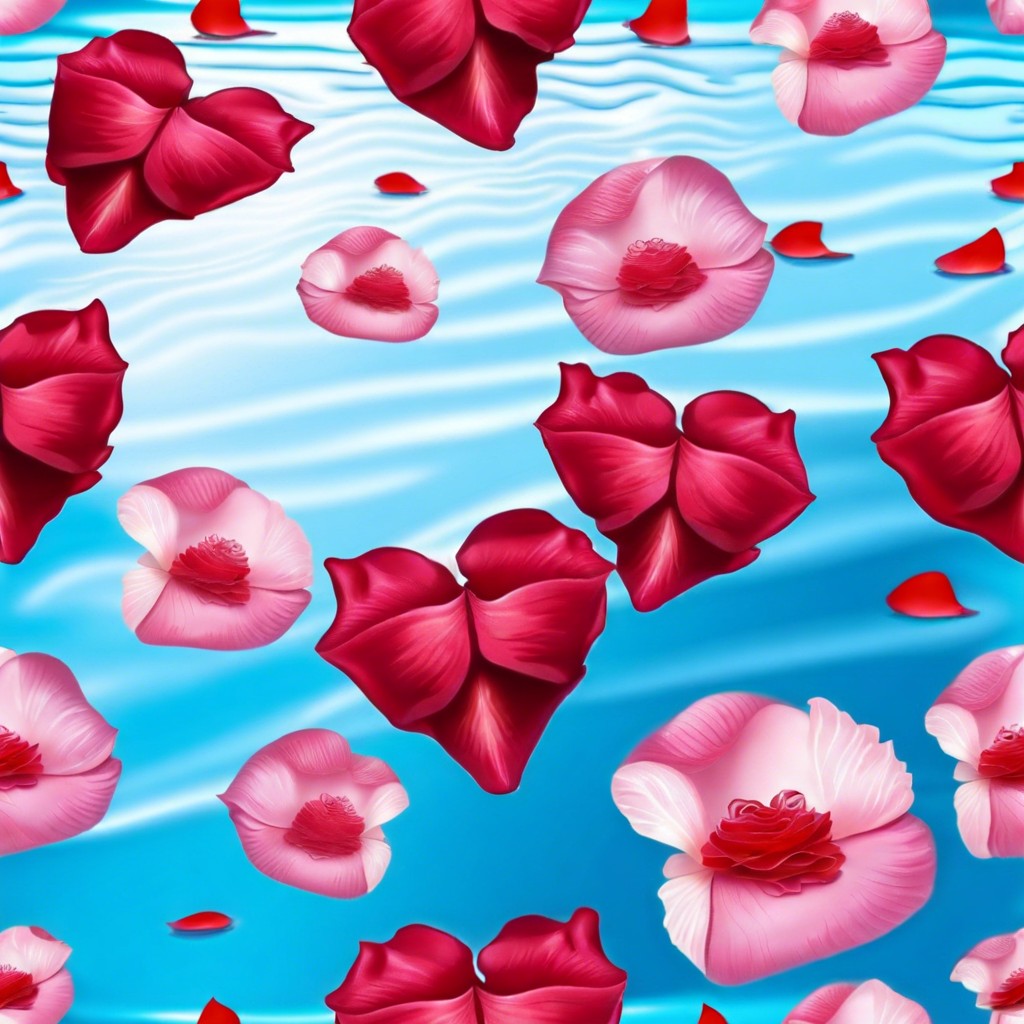 a heart made out of rose petals floating on water