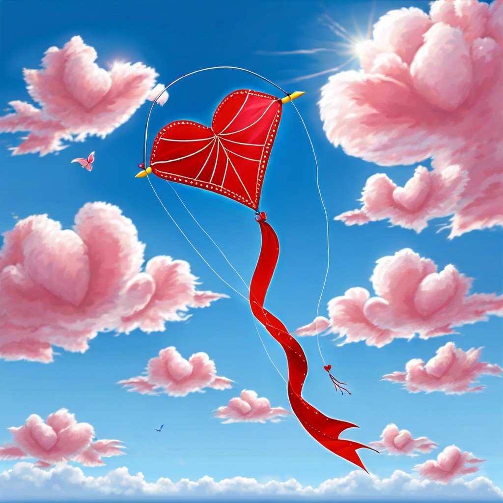 a heart shaped kite flying in a clear blue sky