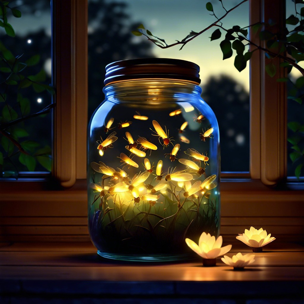 a jar of fireflies at dusk