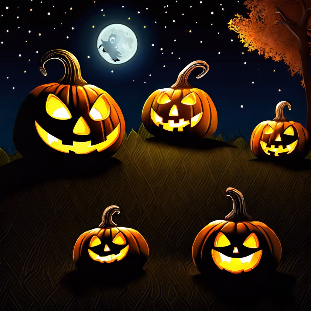 a night scene with fireflies and carved pumpkins