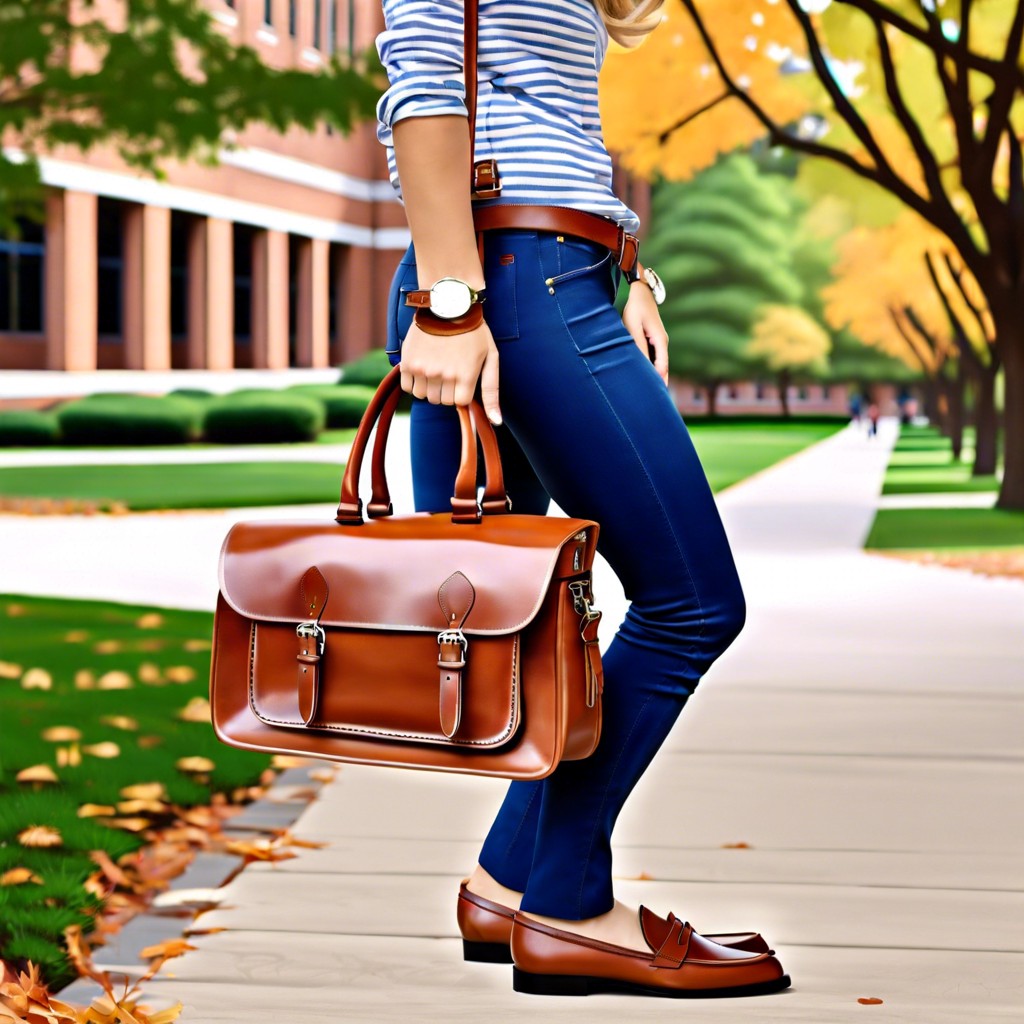 a pair of loafers beside a leather satchel