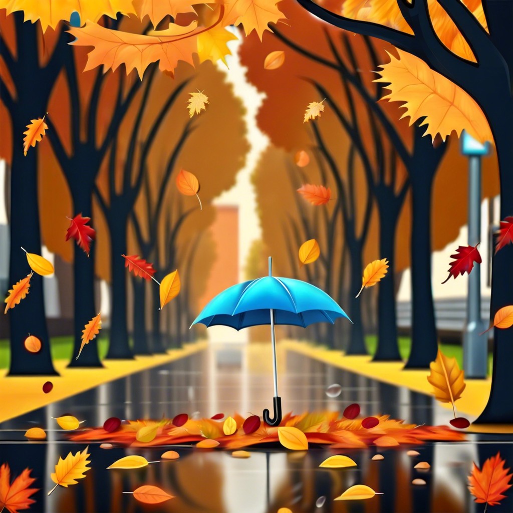 a rainy day with umbrellas and fallen leaves