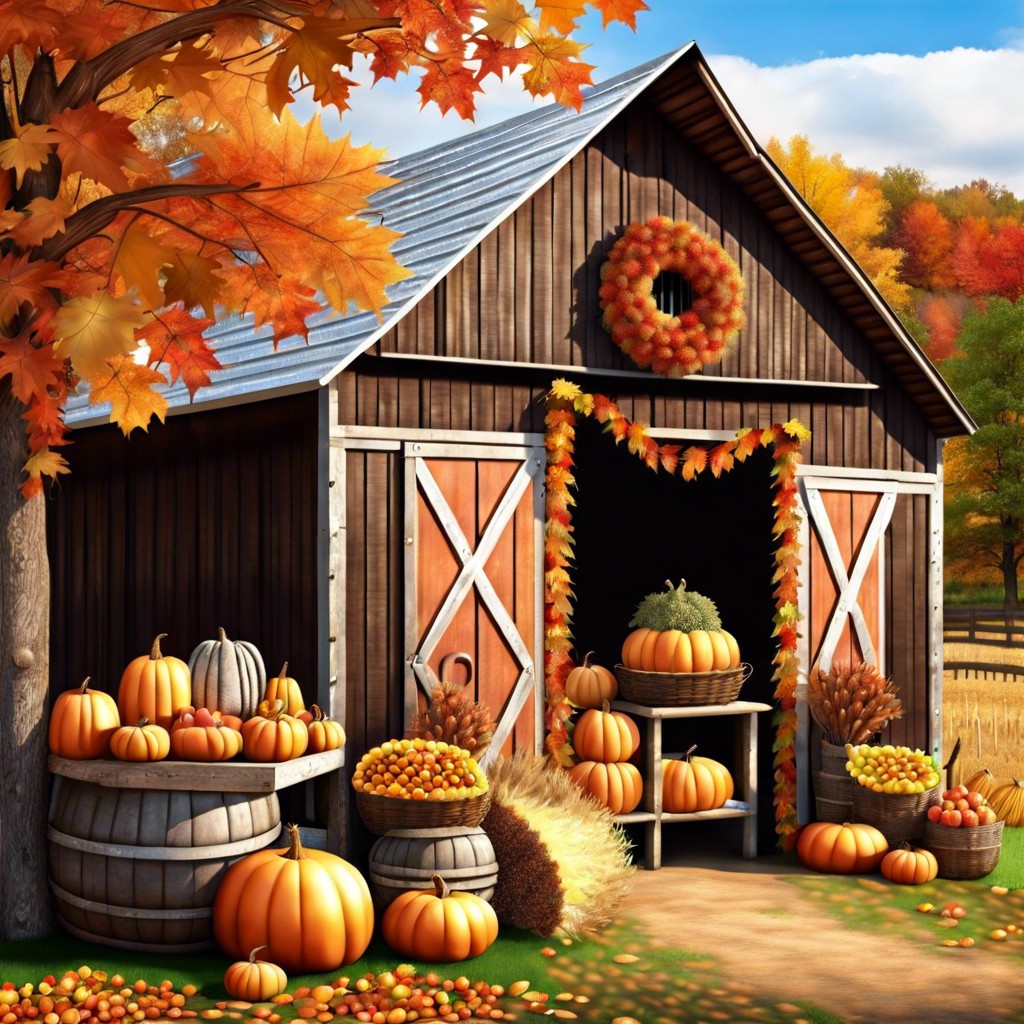 a rustic barn with fall decorations