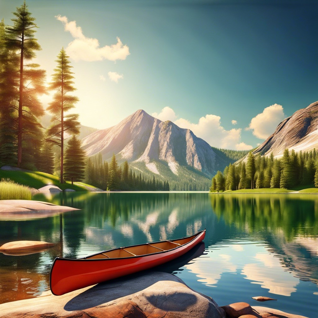 a serene mountain lake with canoes