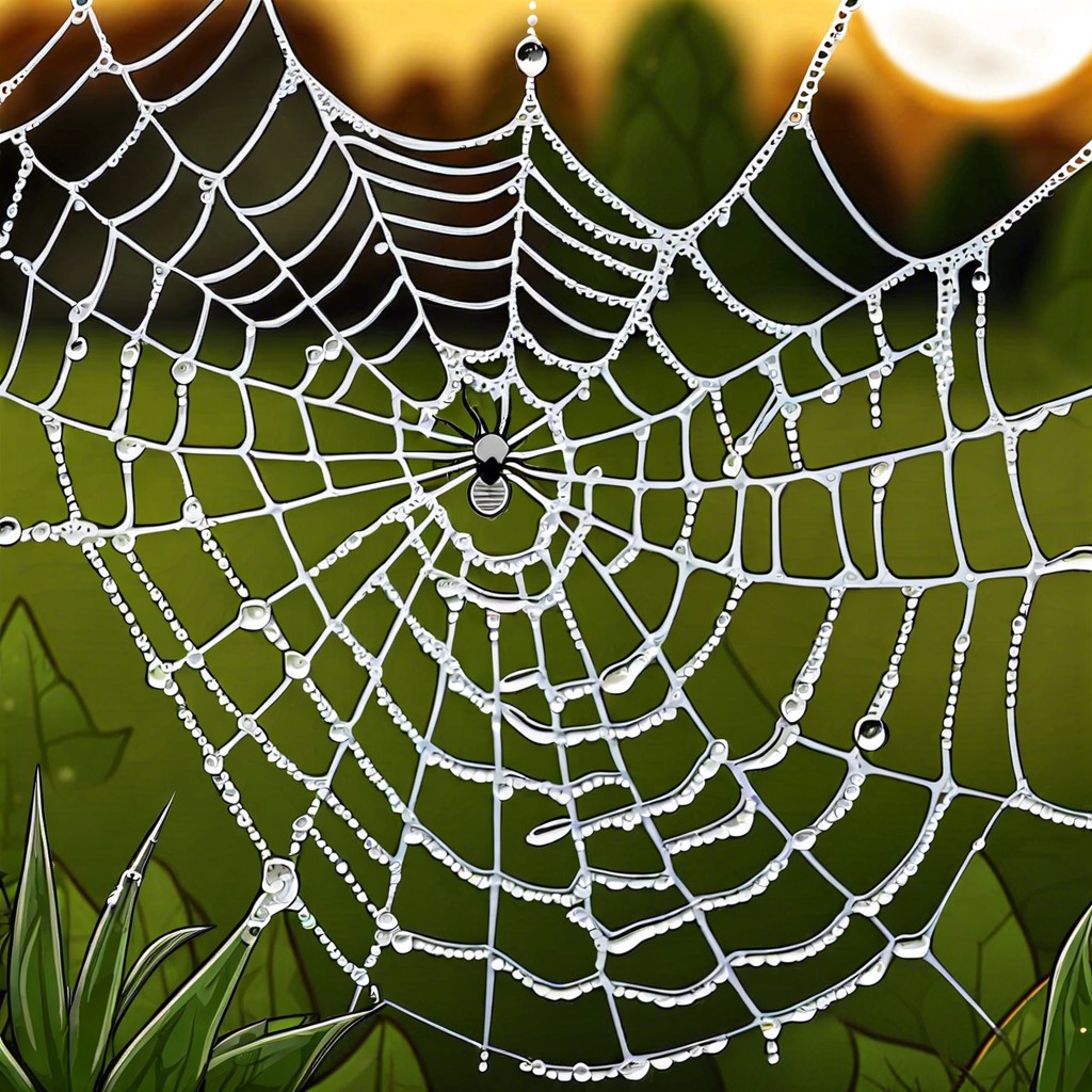 a spider web with dewdrops and a cute spider