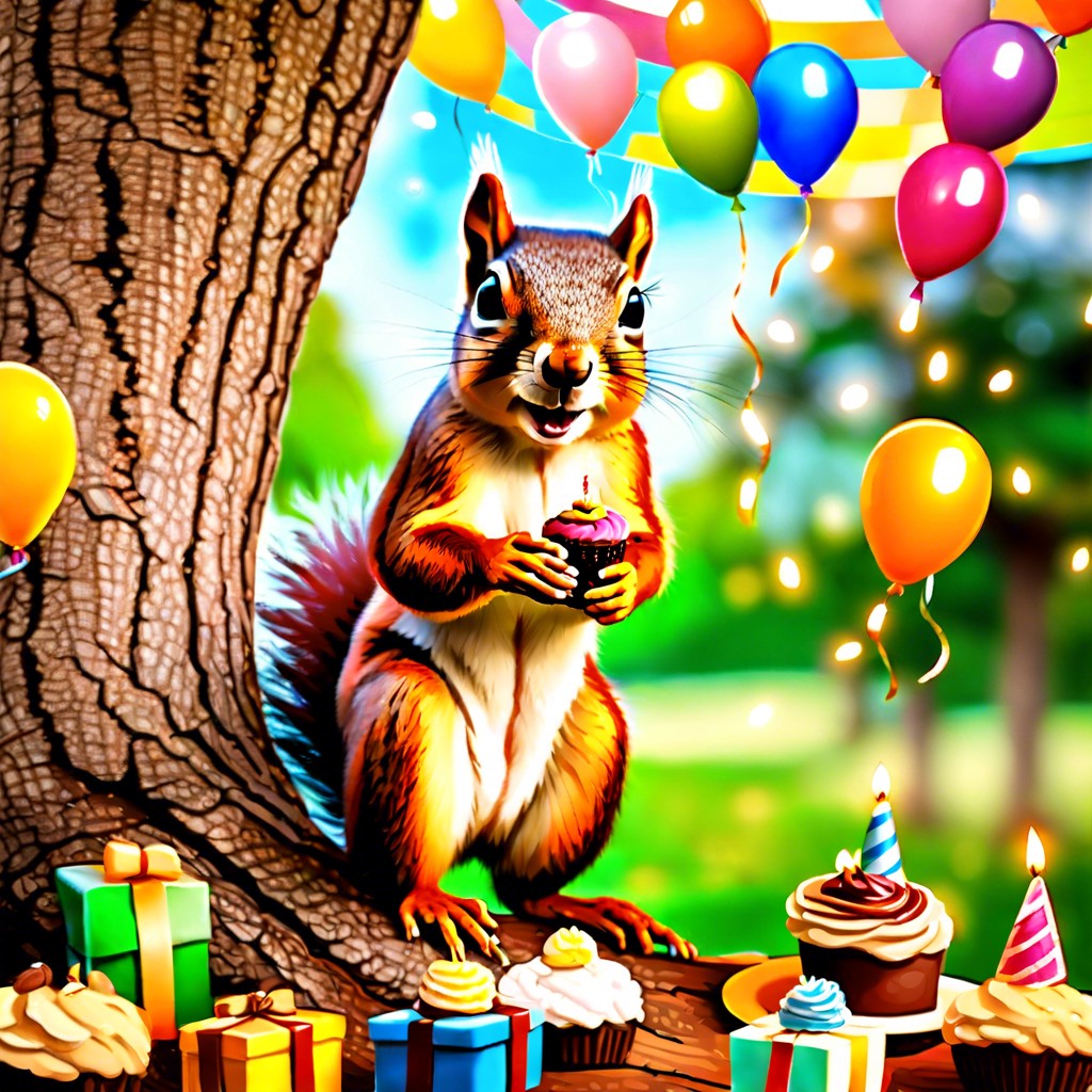 a squirrels birthday party in a giant oak tree