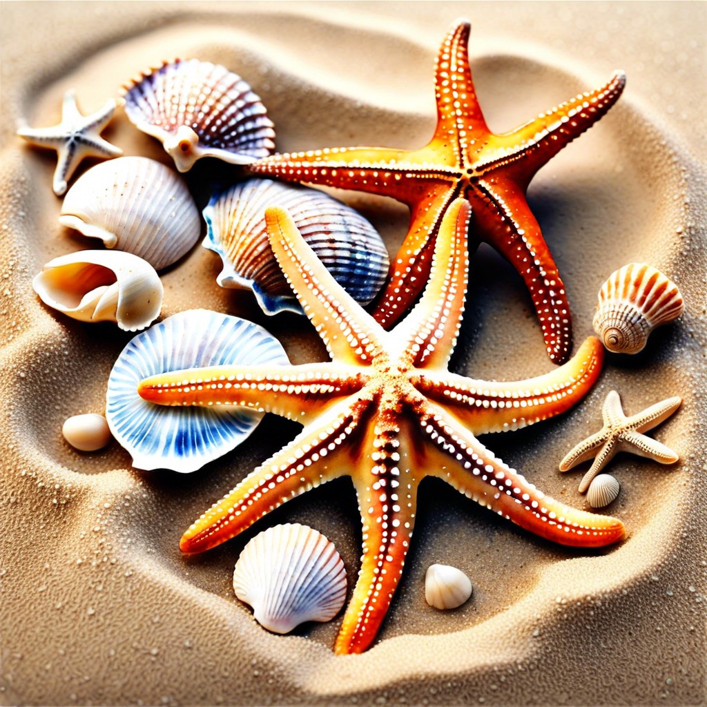 a starfish and shells on sandy beach