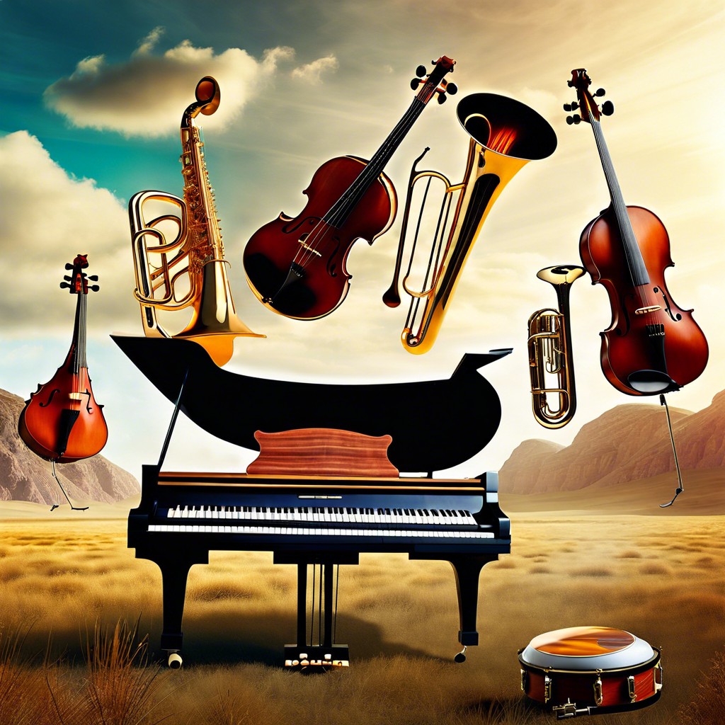 a surreal collage of floating musical instruments