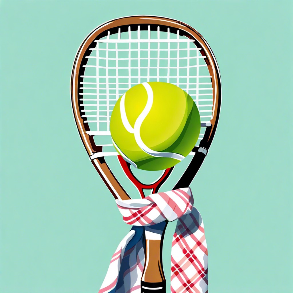 a tennis racket with a preppy scarf