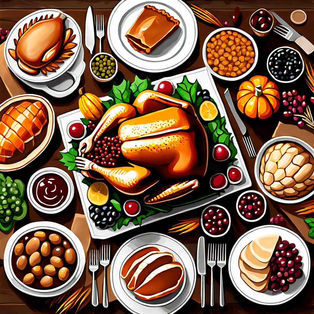 a thanksgiving feast table from a birds eye view