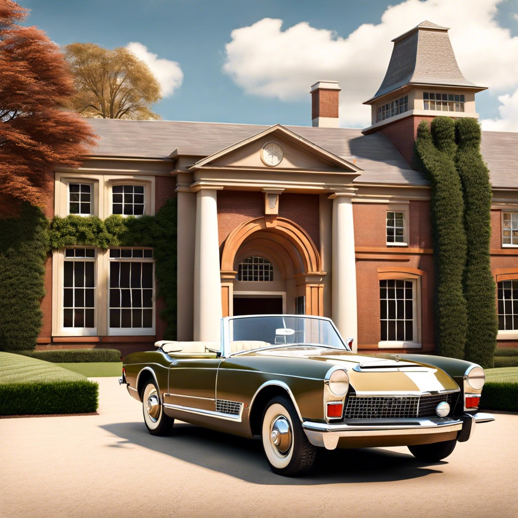 a vintage convertible in front of a prep school