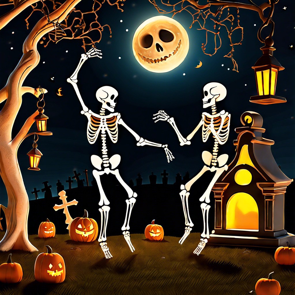 a whimsical graveyard with dancing skeletons