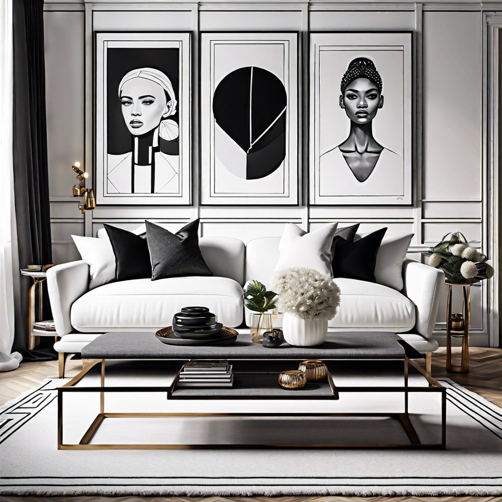 a white sofa amidst a gallery wall of monochrome art