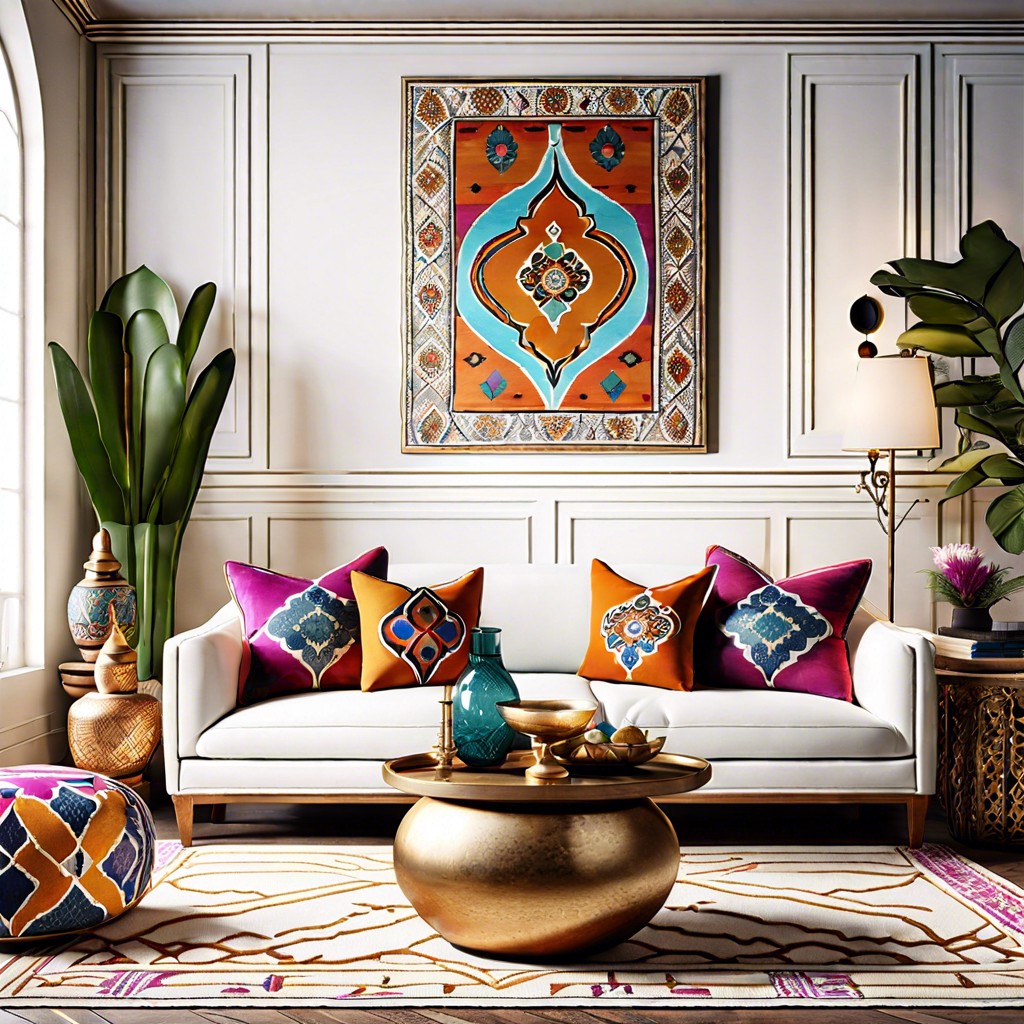 a white sofa with colorful moroccan style cushions for a global vibe