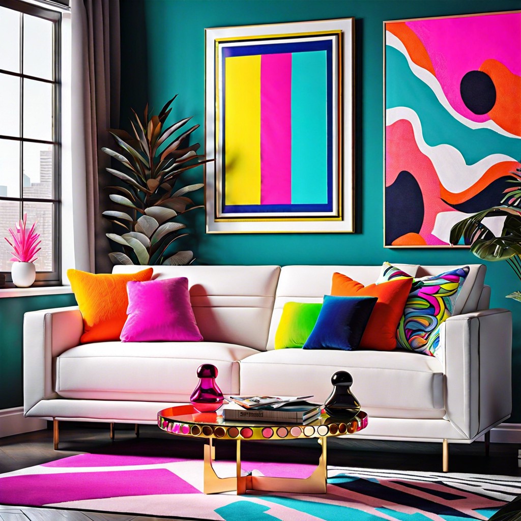 a white sofa with neon bright pillows or throws for a pop art inspired room