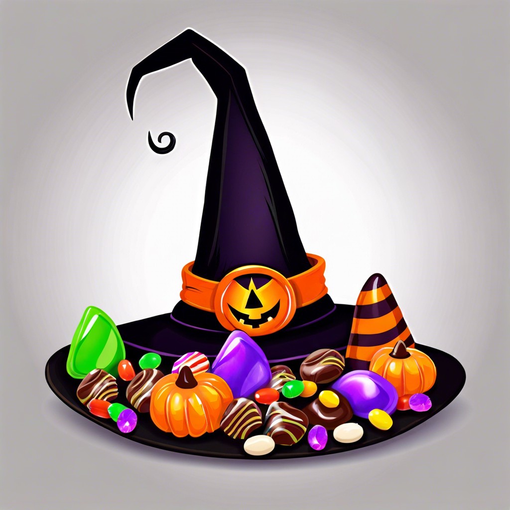 a witchs hat with overflowing candy