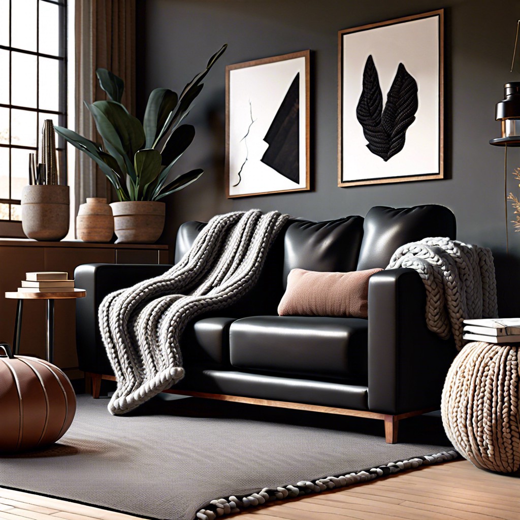accent a black leather sofa with a chunky knit blanket
