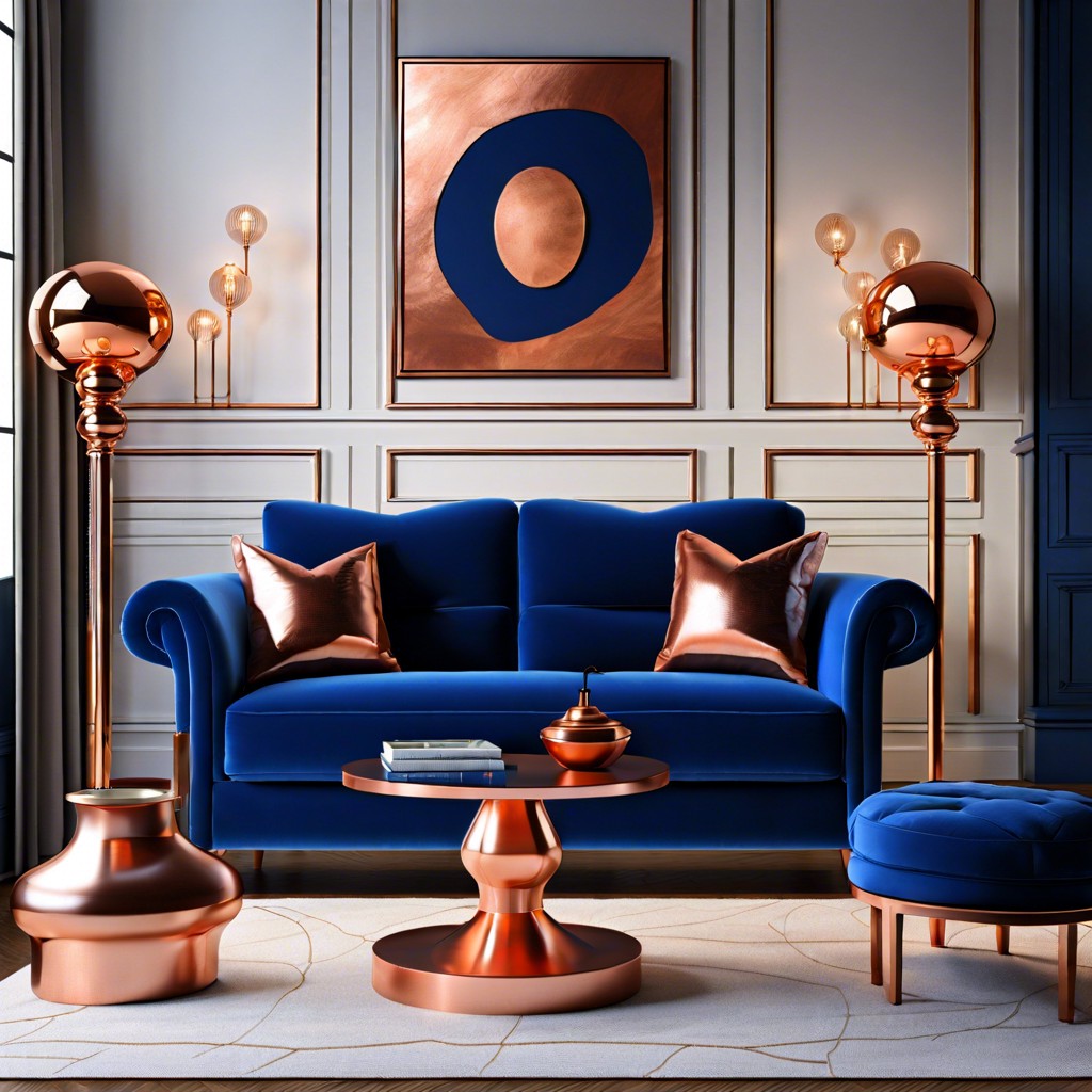 accentuate with copper pair a royal blue sofa with copper lamps and accents