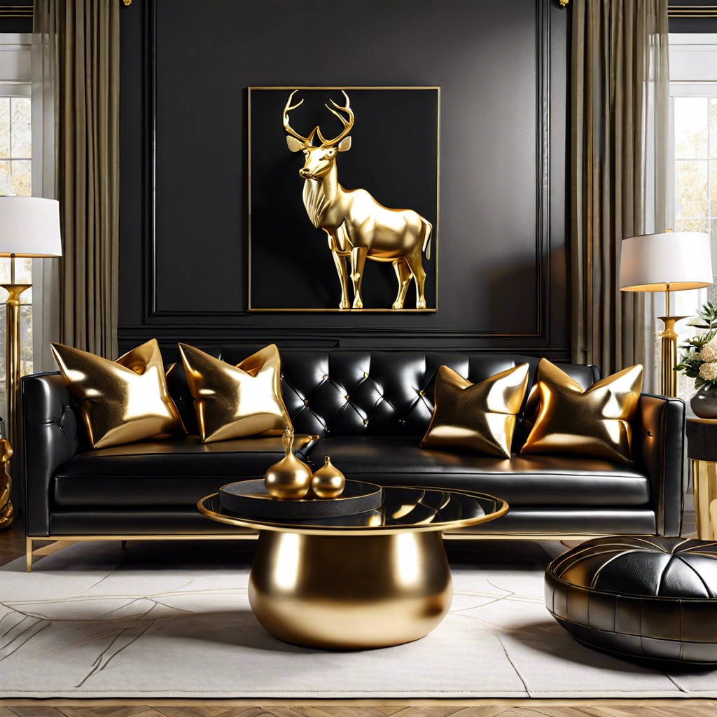 add a touch of glamour with gold pillows on a black couch