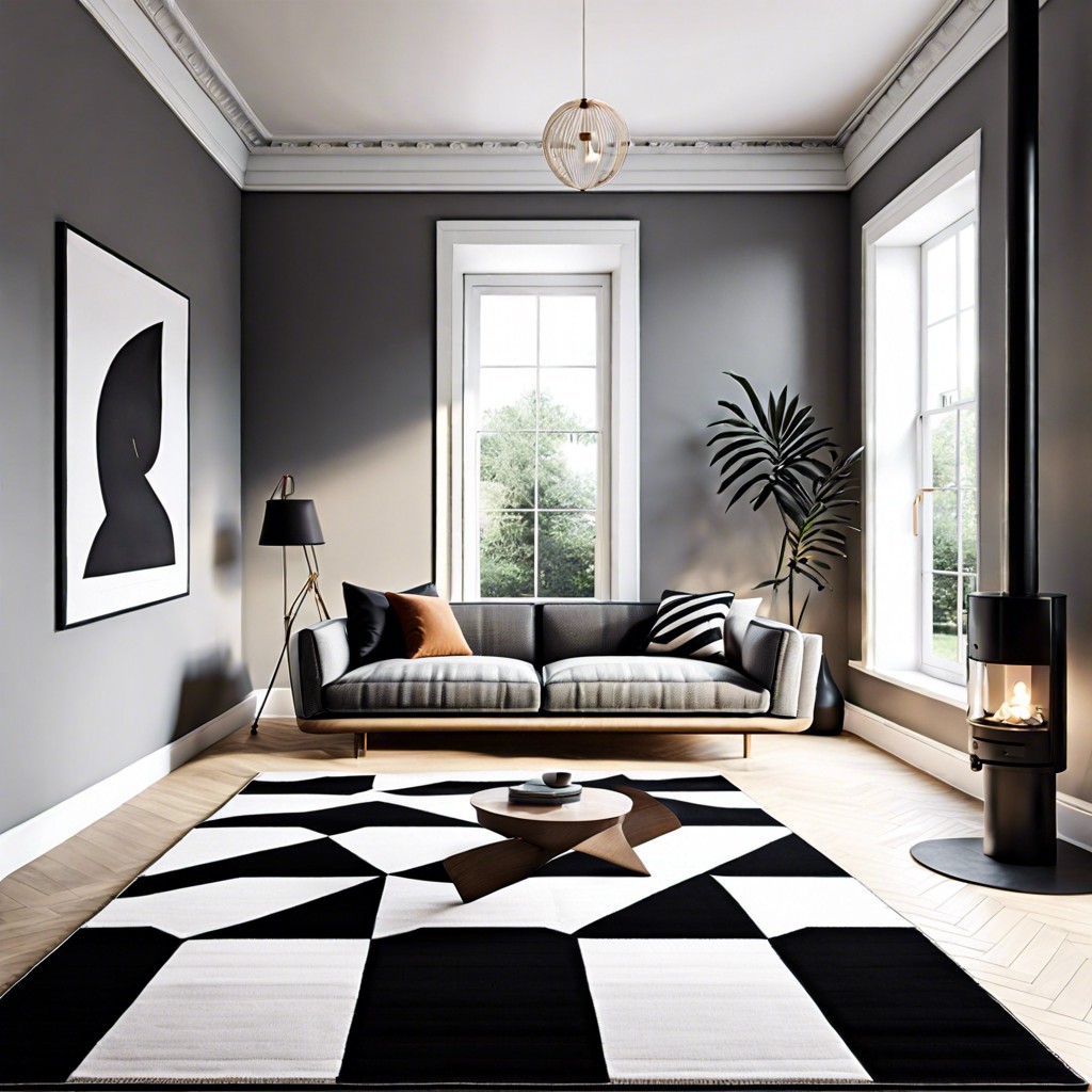 amplify a minimalist space by adding a striking black and white rug beneath a grey sofa