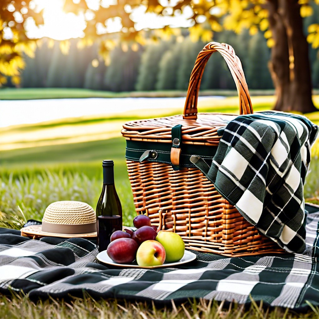 an elegant picnic with a plaid blanket and basket