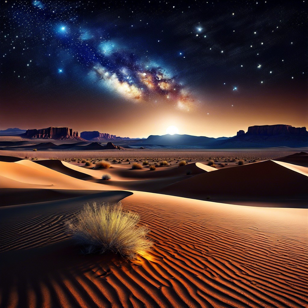 an expansive desert scene with a deep star filled sky