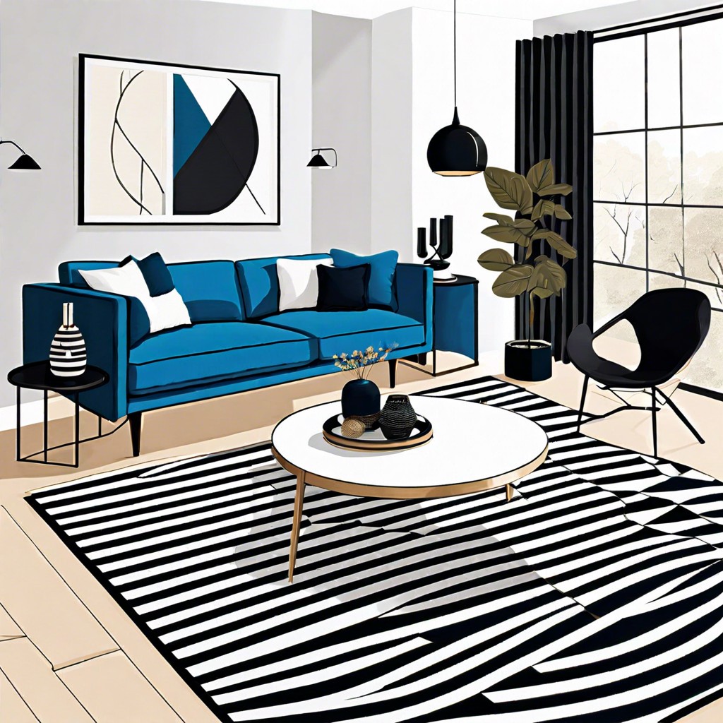 anchor a bright blue sofa with a geometric black and white rug