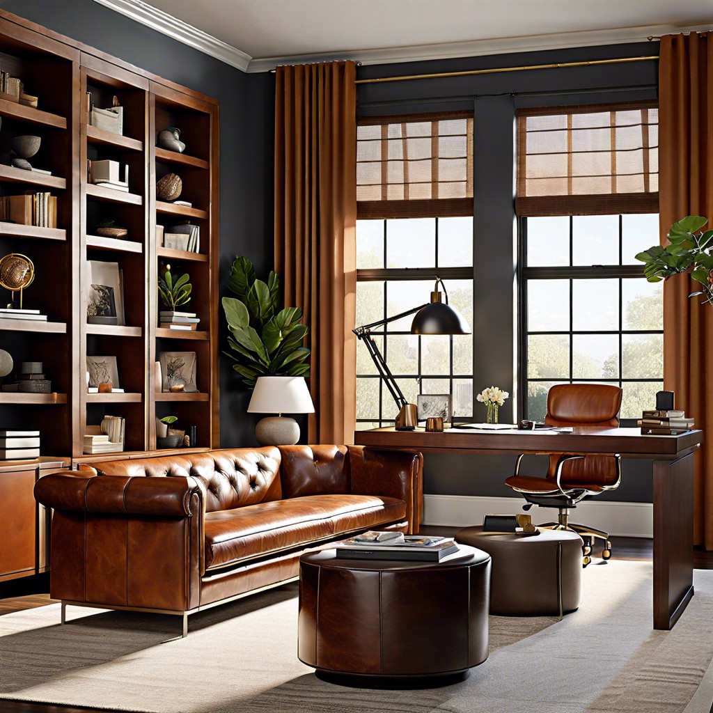 anchor a home office with a cognac sofa