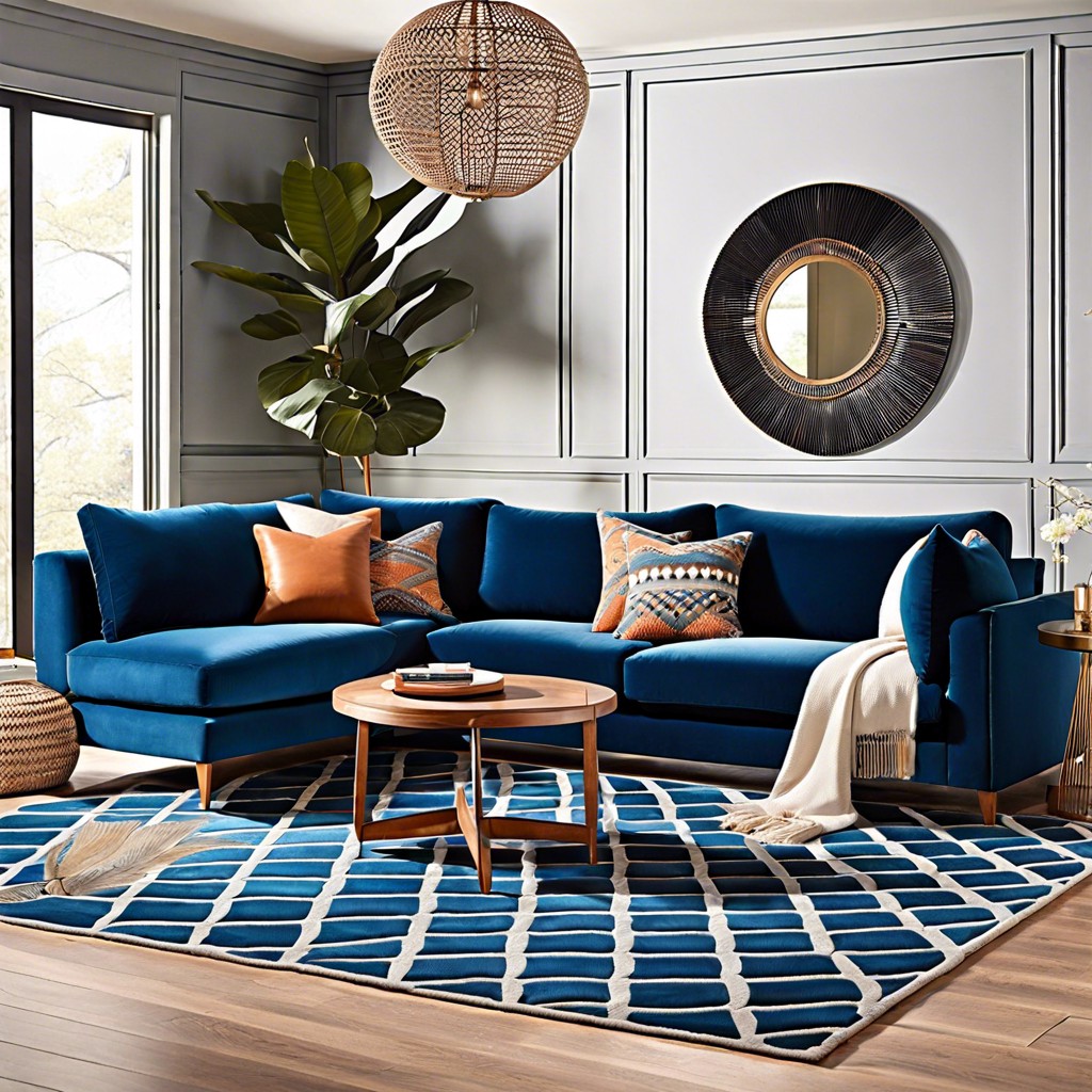 anchor with a blue couch amp geometric rug