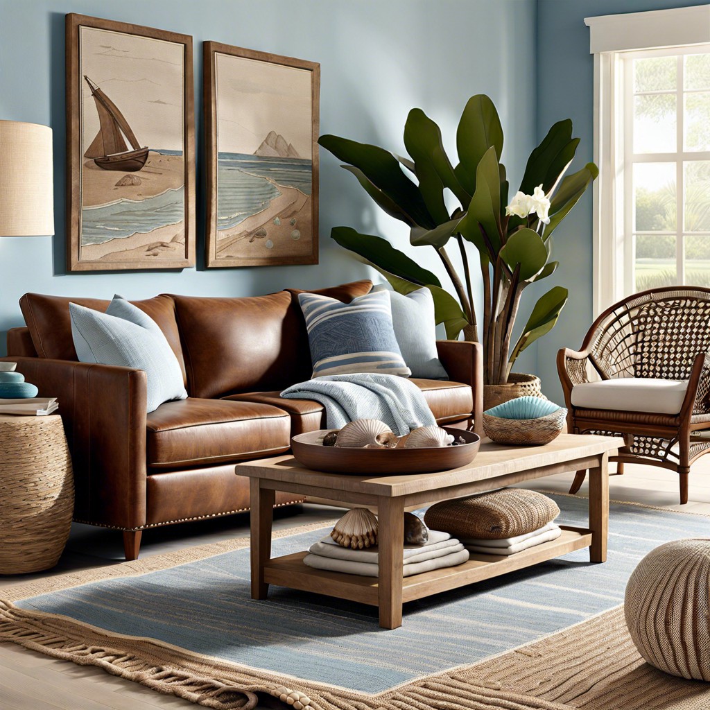 arrange a coastal vibe with light blues and natural textures