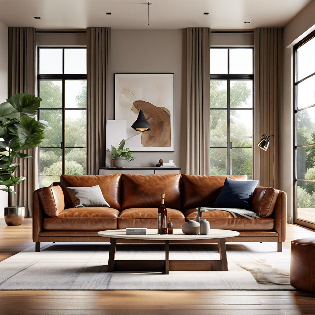arrange a cognac sofa in an open plan living space
