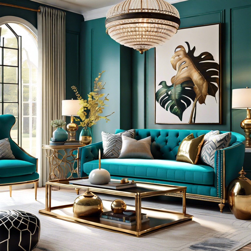 arrange a turquoise sofa with mixed metal side tables and lamps
