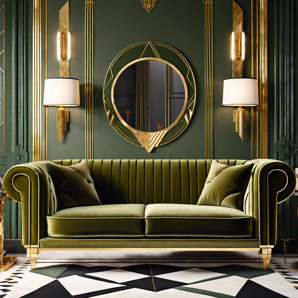 art deco and olive green sofas